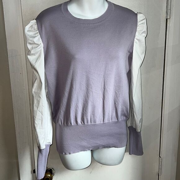 CREATIVE GENIUS Lavender Sweater with White Puff Sleeves-L - Picture 1 of 10